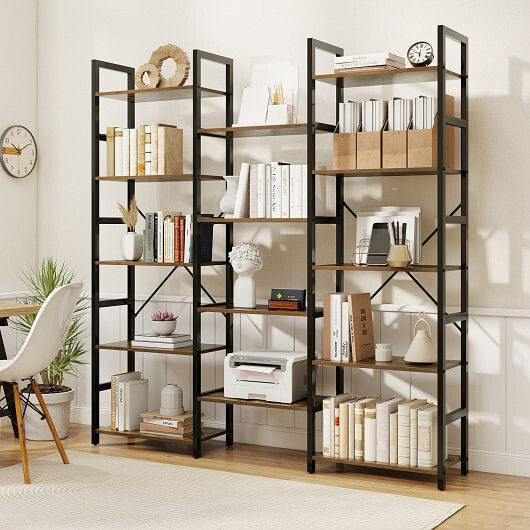 5-tier Triple Wide Heavy-duty Metal Frame Industrial Bookshelf-Rustic Brown-1