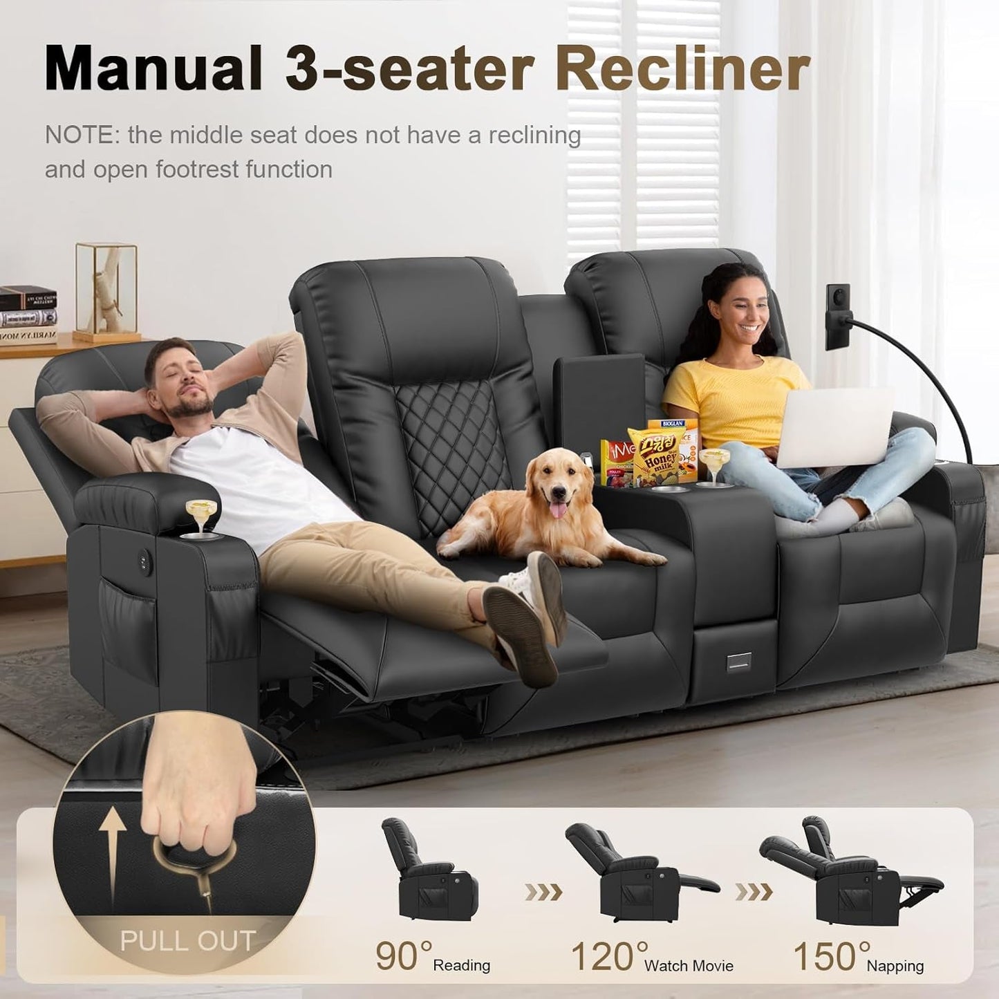 Large 3 Seat Recliner Sofa with USB Ports-4