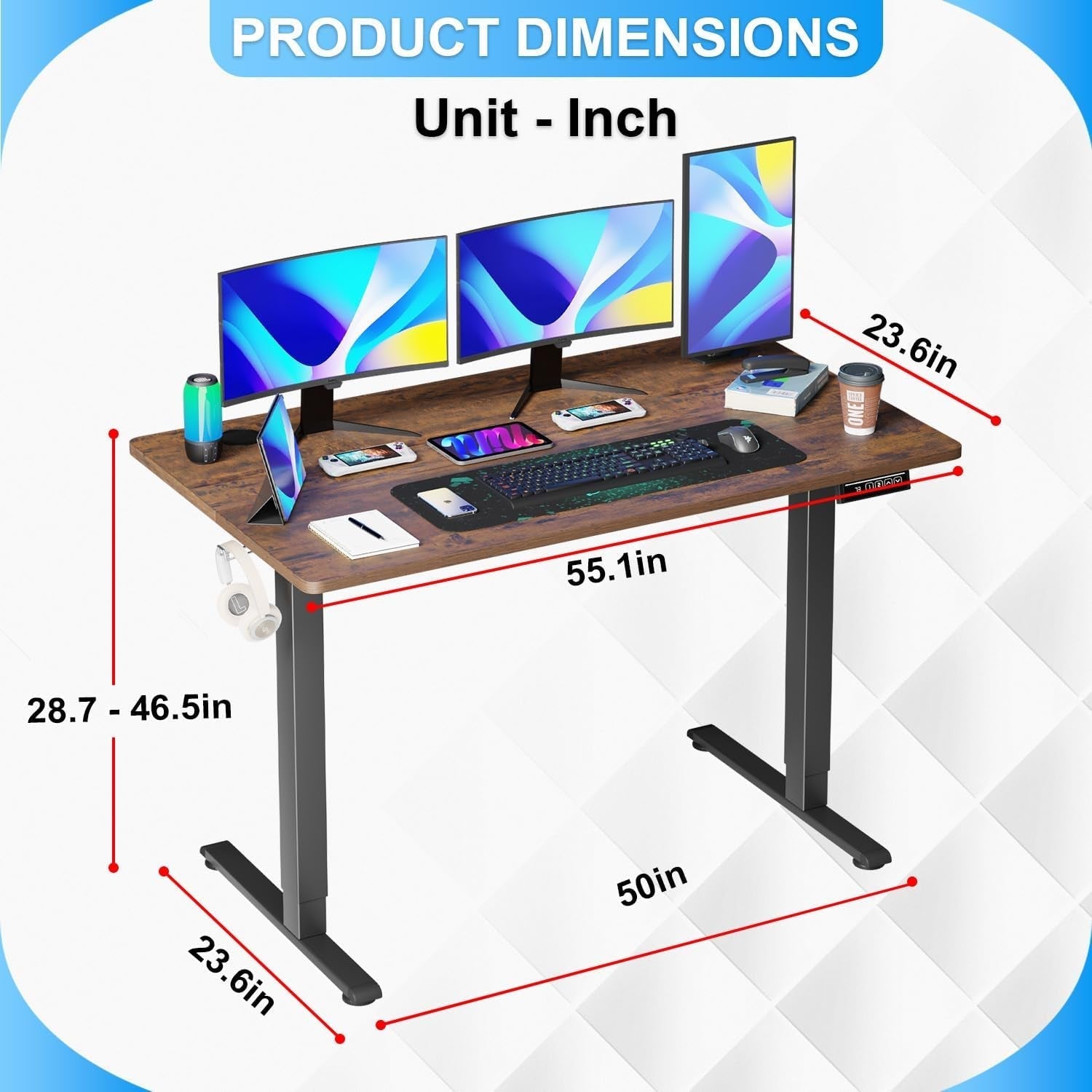 55 Inch Electric Height Adjustable Gaming Desk Brown-2