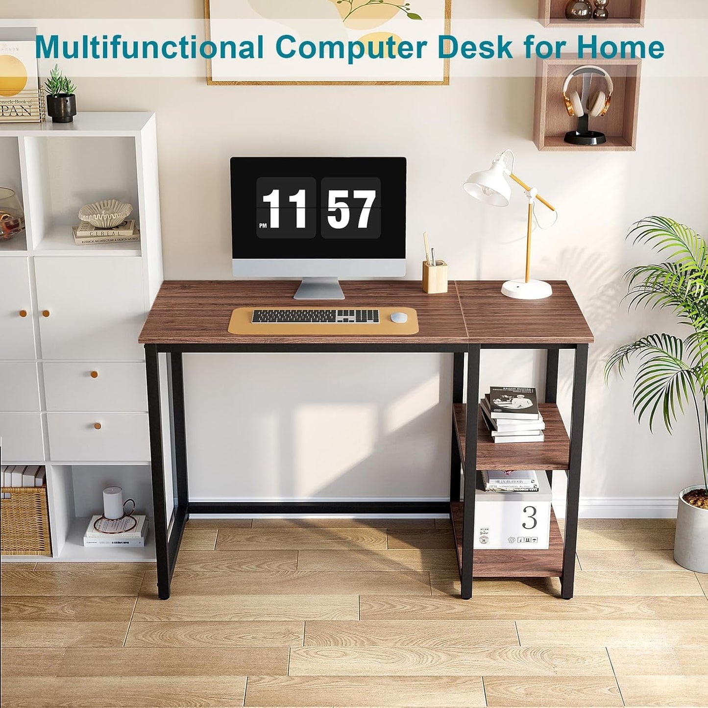 40 Inch Computer Desk With 2 Shelves Brown Sturdy Home Office Gaming Desk-2