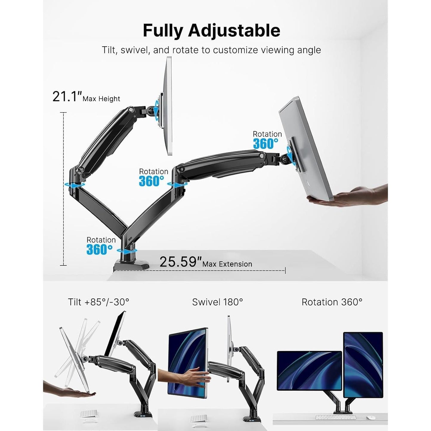 Dual Monitor Stand With USB Port Height Adjustable Arms-4