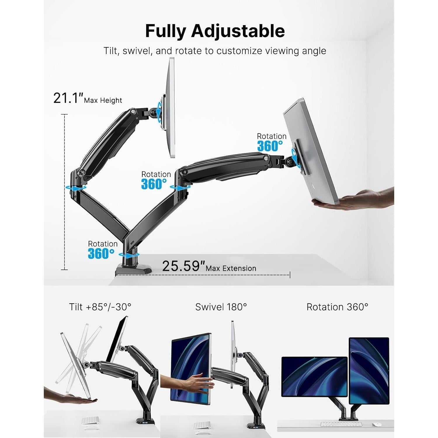Dual Monitor Stand With USB Port Height Adjustable Arms-4