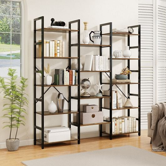 5-tier Triple Wide Heavy-duty Metal Frame Industrial Bookshelf-Rustic Brown-0