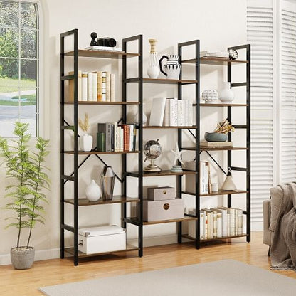 5-tier Triple Wide Heavy-duty Metal Frame Industrial Bookshelf-Rustic Brown-0