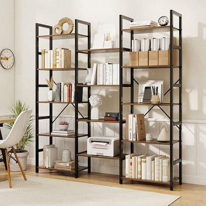 5-tier Triple Wide Heavy-duty Metal Frame Industrial Bookshelf-Rustic Brown-1