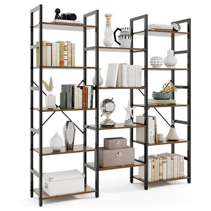 5-tier Triple Wide Heavy-duty Metal Frame Industrial Bookshelf-Rustic Brown-2