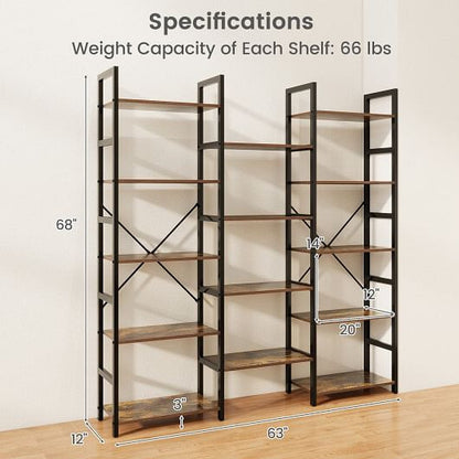 5-tier Triple Wide Heavy-duty Metal Frame Industrial Bookshelf-Rustic Brown-3