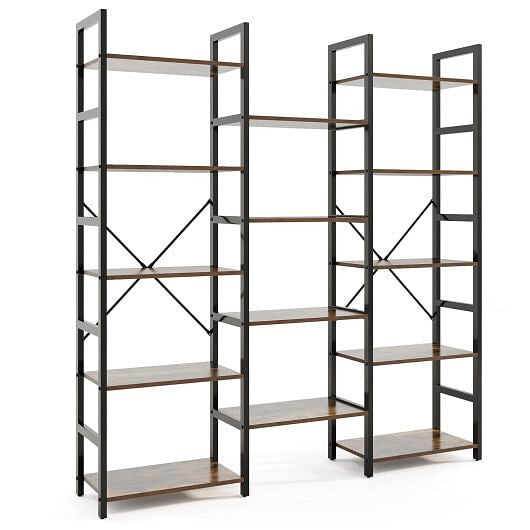 5-tier Triple Wide Heavy-duty Metal Frame Industrial Bookshelf-Rustic Brown-4