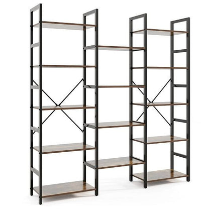 5-tier Triple Wide Heavy-duty Metal Frame Industrial Bookshelf-Rustic Brown-4