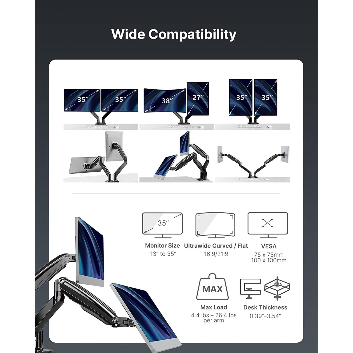 Dual Monitor Stand With USB Port Height Adjustable Arms-2