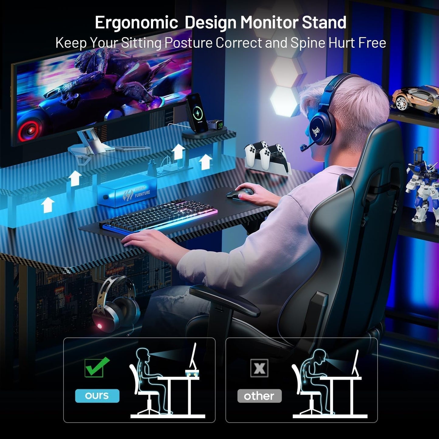 Ergonomic 63 Inch Gaming Desk With LED Lights-4