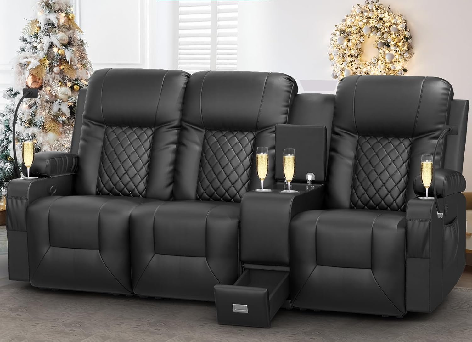 Large 3 Seat Recliner Sofa with USB Ports-0