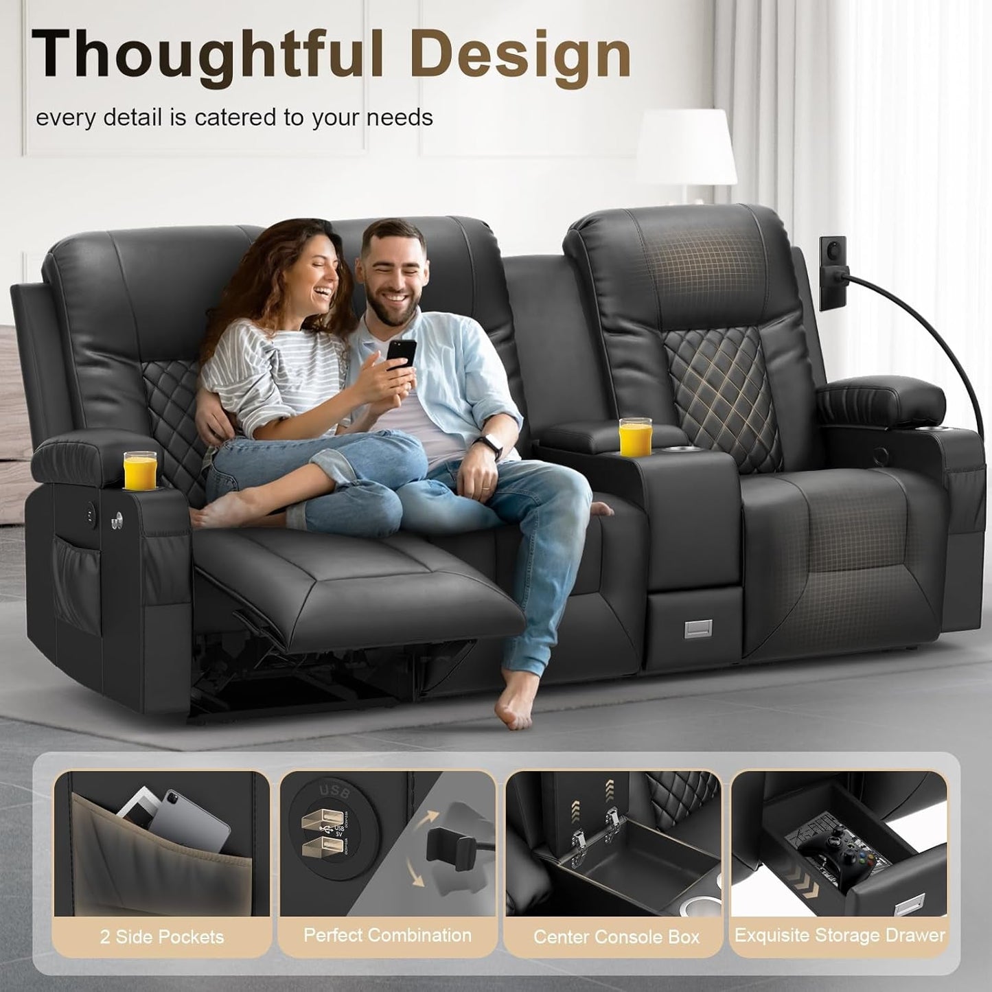 Large 3 Seat Recliner Sofa with USB Ports-3